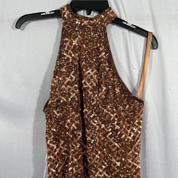 NEW $398 Mac‎ Duggal [ 10 ] Sequin Plaid Halter Neck Cocktail Dress Copper - Picture 8 of 15